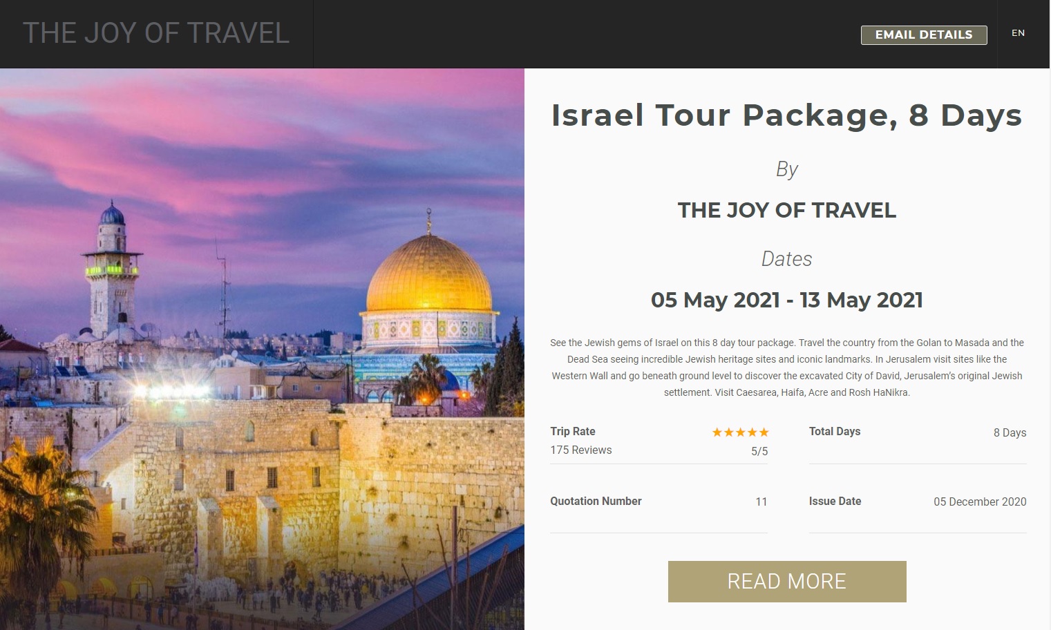 Online format for group quotation and itinerary